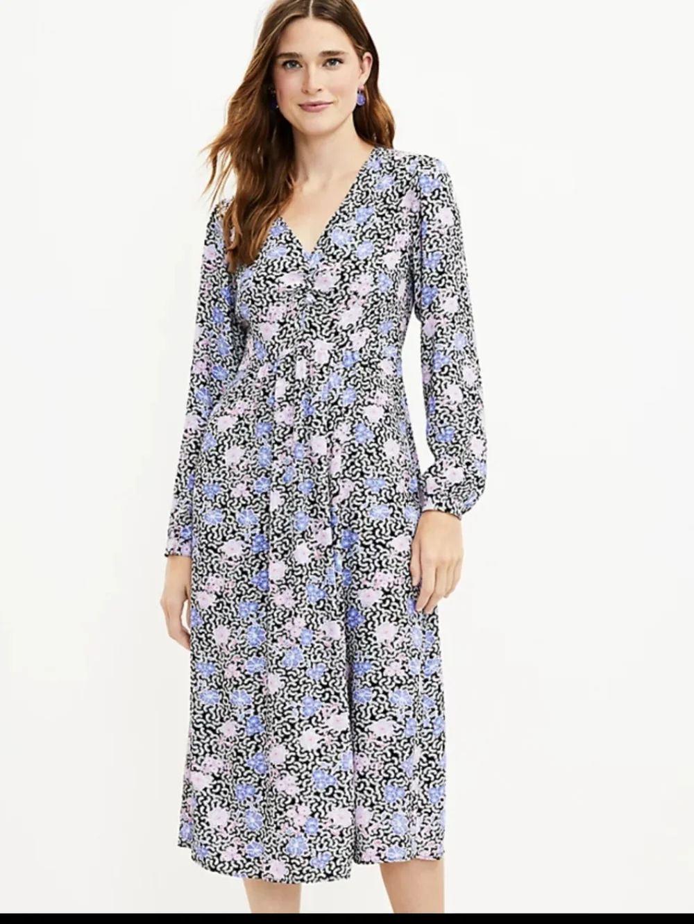 NWT Ann Taylor Loft Floral Print V Neck Ruched Midi Dress Long Sleeve Sz 12 - Picture 7 of 9